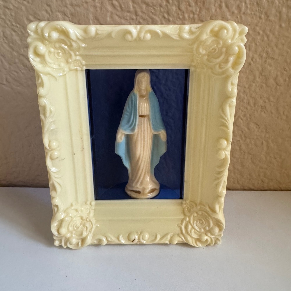 Vintage Virgin Mary Shadow Box Ornate Cream Frame Religious Wall Decor 1960's